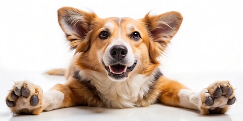 An adorable dog resting on the ground with its paws up in a peaceful pose.