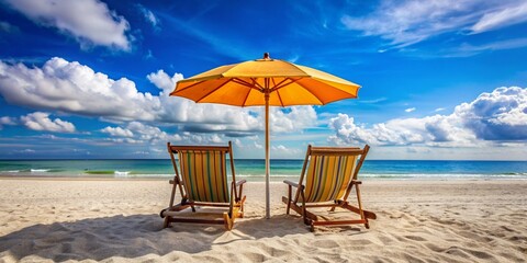 A pair of lounge chairs under umbrellas on the sandy beach.