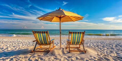 A pair of lounge chairs under umbrellas on the sandy beach.