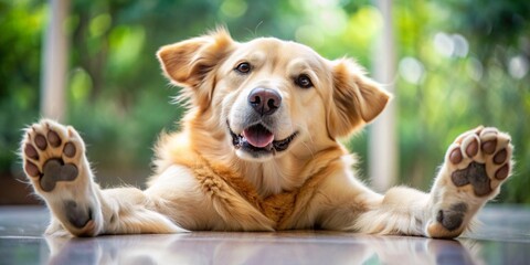An adorable dog resting on the ground with its paws up in a peaceful pose.