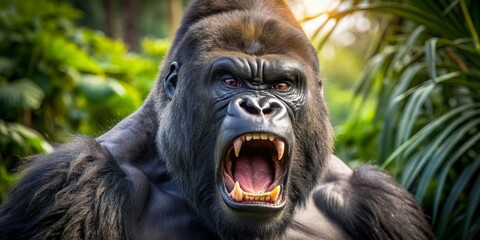 A large silverback gorilla baring its teeth in the forest, resembling an angry and powerful King Kong in the jungle.