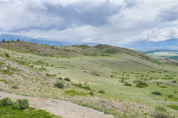 Mountain landscape in the foothills of the Altai Mountains.