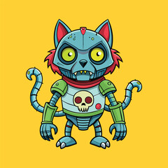 cartoon illustration of mecha robotic cat, zombie cat, flat vector illustration