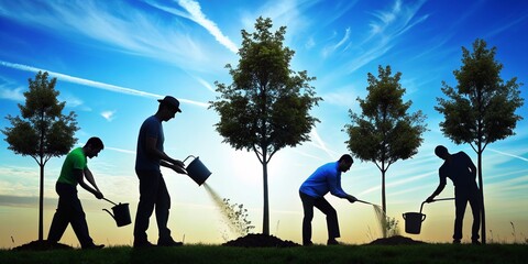A Silhouettes Man using watering can to water tree in garden