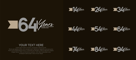 anniversary logotype set. grey number and brown ribbon for celebration