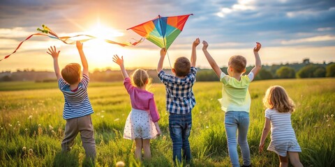 Children happily playing with kites in open field.