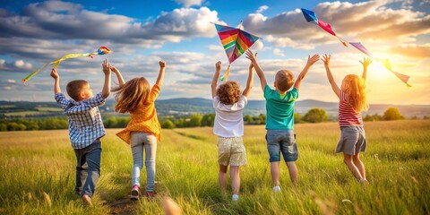 Children happily playing with kites in open field.