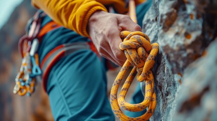 A close-up of a climber's hand gripping a vivid orange rope against a rocky backdrop, symbolizing adventure and challenge.