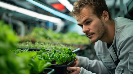 An agricultural technician is observing the growth of vegetables in a greenhouse