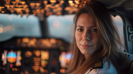 Obraz premium Confident Female Flight Captain Sitting in Boeing 737 Cockpit, Looking Into Camera