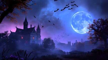 Midnight at the Haunted Mansion - Eerie Classic Horror Scene with Full Moon, Bats, and Spooky Atmosphere