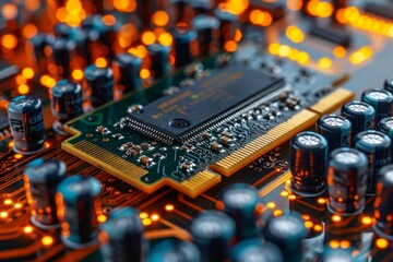 A close-up view of a circuit board with detailed electronic components and glowing lights. AI Generative.