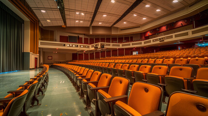 Fototapeta premium Empty cinema hall interior with row of yellow seats waiting for visitors