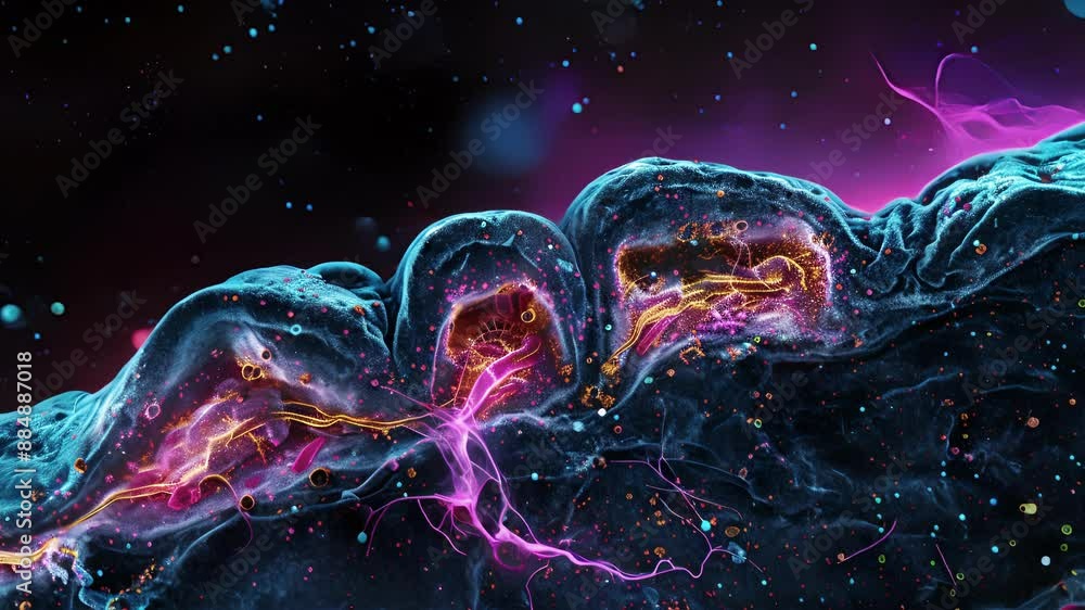 Poster a microscopic image of an excitatory synapse undergoing potentiation with enlarged structures indica