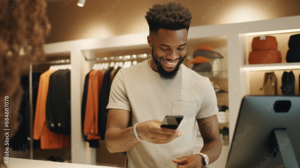 Poster a man is smiling while using his cell phone in a store. he is standing in front of a cash register
