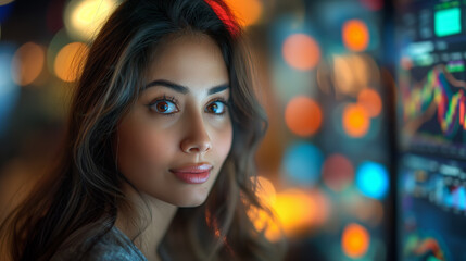 Fototapeta premium Beautiful Young Indian Financial Consultant Analyzing Stock Market Trends on Multiple Monitors