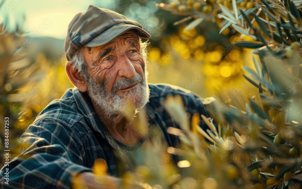 Poster a man with a hat and beard is sitting in a field of olive trees. he is smiling and looking at the ca