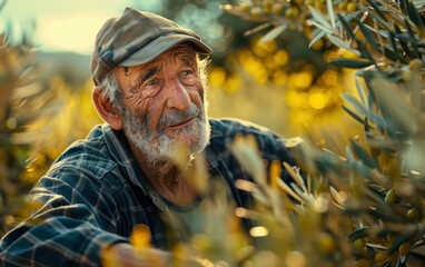 A man with a hat and beard is sitting in a field of olive trees. He is smiling and looking at the camera