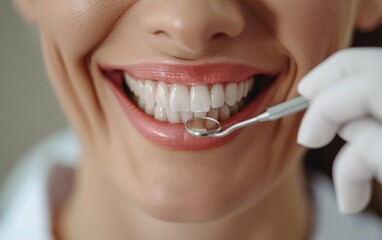 A woman with a white coat and gloves holding a dental instrument in her mouth. Concept of professionalism and trust in the dental care provider
