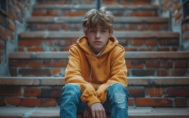 A young boy in a yellow hoodie sits on a brick staircase. He looks sad and is staring off into the distance