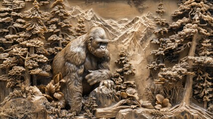 Intricate Wood Carving of a Gorilla in a Mountainous Forest