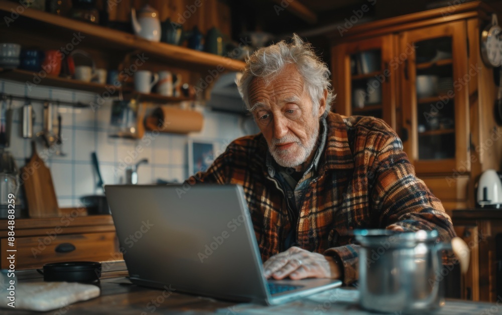 Poster an older man is sitting at a table with a laptop in front of him. he is looking at the screen with a