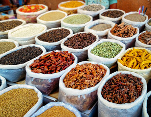 Wholes Spices Stall at Mapusa Spice Market, Goa, India