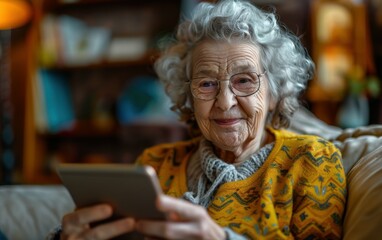 A woman in a yellow sweater is holding a tablet. She is smiling and she is enjoying herself