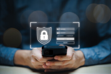 Cybersecurity data protection, businessman using smartphone internet network security, protect business financial transaction data from cyber attack, user private data security encryption.