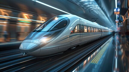 Fototapeta premium Futuristic train moving on elevated tracks in an urban area.