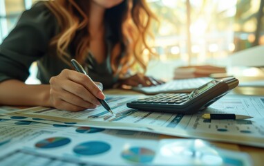 A woman is writing on a piece of paper with a pen and a calculator. She is focused on her work and she is in a serious mood. Concept of someone working on financial or business-related tasks
