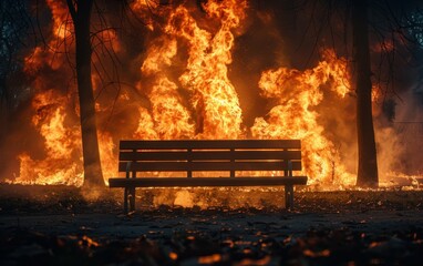 A bench is surrounded by a forest fire. The fire is so intense that it is almost impossible to see the bench. Scene is one of danger and destruction