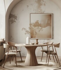 Photo of a modern mockup poster in a frame on the wall of a dining room with a round table and chairs near an arch window, in a minimalistic style with wooden furniture and neutral colors illuminated 