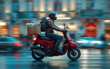 A man on a red scooter is riding down a wet street. The man is wearing a leather jacket and a helmet. He is carrying a bag on the back of his scooter. The scene is blurry