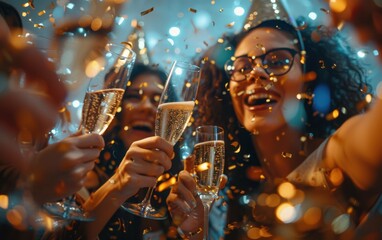 A group of women are celebrating a special occasion, holding up champagne glasses and laughing. The atmosphere is joyful and festive