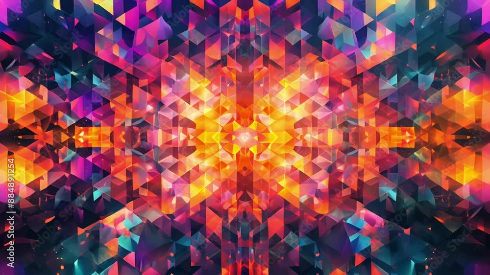 Poster vibrant triangles squares and circles converge to form a fiery mosaic of geometric flames each shape