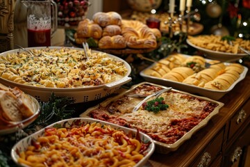 Fototapeta premium Family and Friends Enjoying Festive Holiday Feast with Junk Food, Evening Celebration