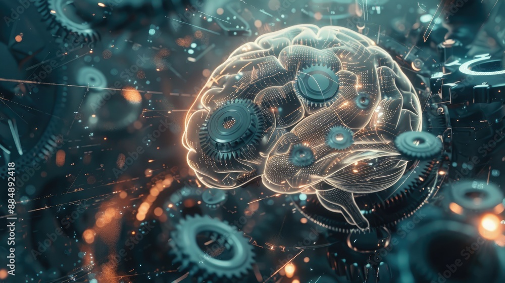 Poster futuristic artwork showing gears turning inside a stylized brain, highlighting the intersection of i