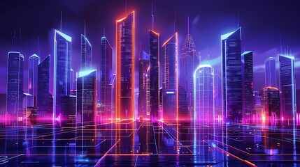 Fototapeta premium Neon Cityscape with Futuristic Highway
