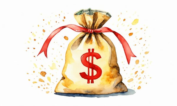 recommend clip art: Watercolor illustration of a money bag with a red ribbon