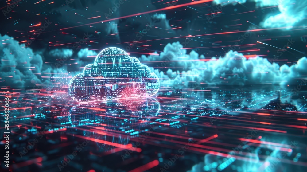 Poster futuristic cloud web storage, global social media data on ai server, binary code backdrop