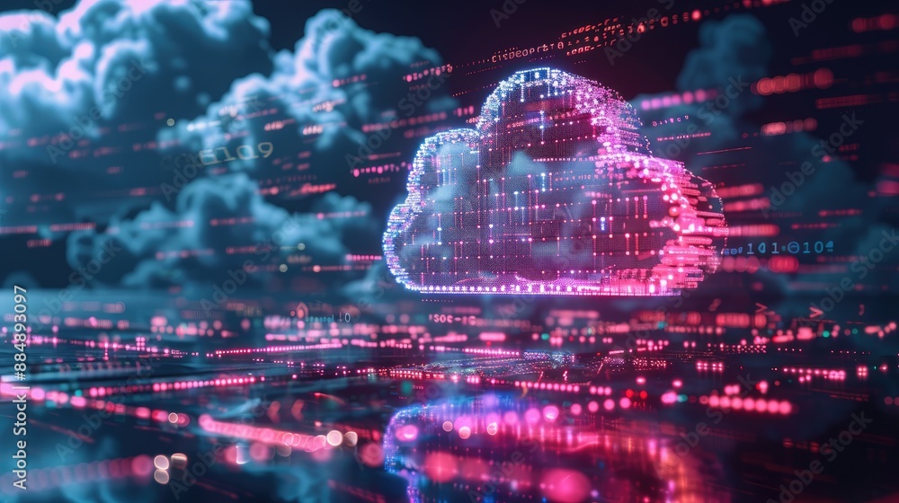 Poster futuristic cloud web storage, global social media data on ai server, binary code backdrop