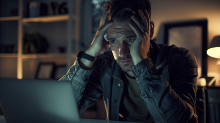 A stressed white man nervously looks at his computer or laptop in horror, a victim of revenge porn, cyberstalking, fraud or blackmail, landscape format 16:9
