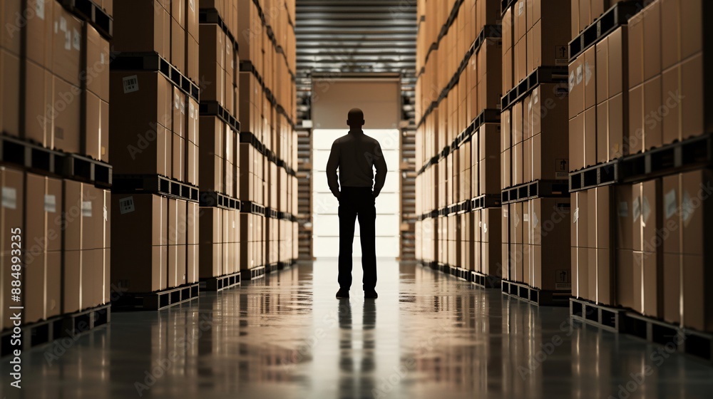 Poster the silhouette of a manager stands in a warehouse aisle, surrounded by towering stacks of cargo. the