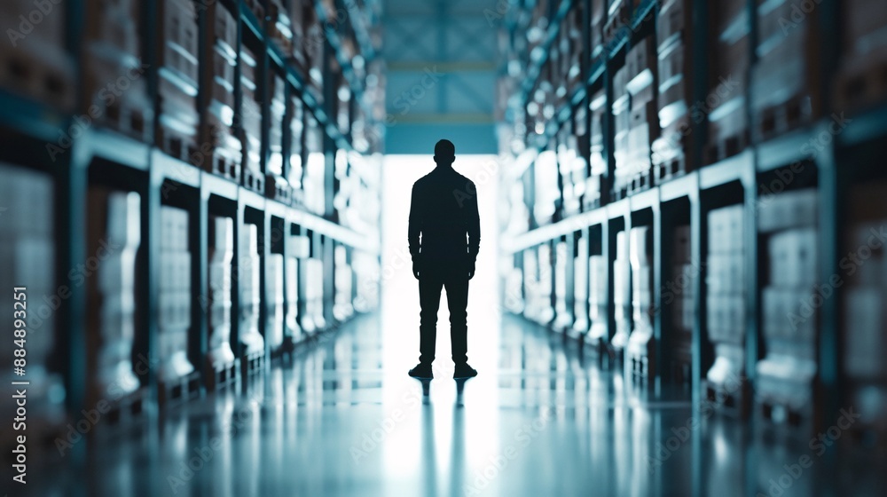 Aufkleber the silhouette of a manager stands in a warehouse aisle, surrounded by towering stacks of cargo. the