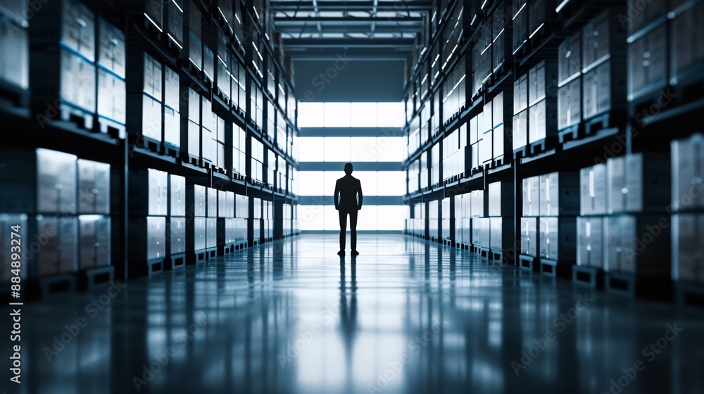 Poster the silhouette of a manager stands in a warehouse aisle, surrounded by towering stacks of cargo. the