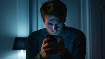 A stressed white man nervously looks at his cellphone or mobile in horror, a victim of revenge porn, cyberstalking, fraud or blackmail, landscape format 16:9