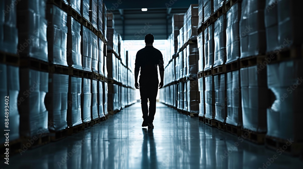 Poster in a dimly lit warehouse, the silhouette of a manager walks between rows of cargo, creating a striki