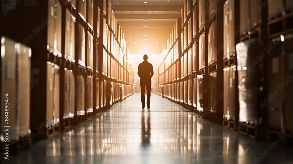 Poster a silhouette of a manager is seen at the far end of a warehouse, with cargo arranged in neat rows. t