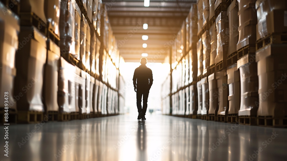 Poster a silhouette of a manager is seen at the far end of a warehouse, with cargo arranged in neat rows. t